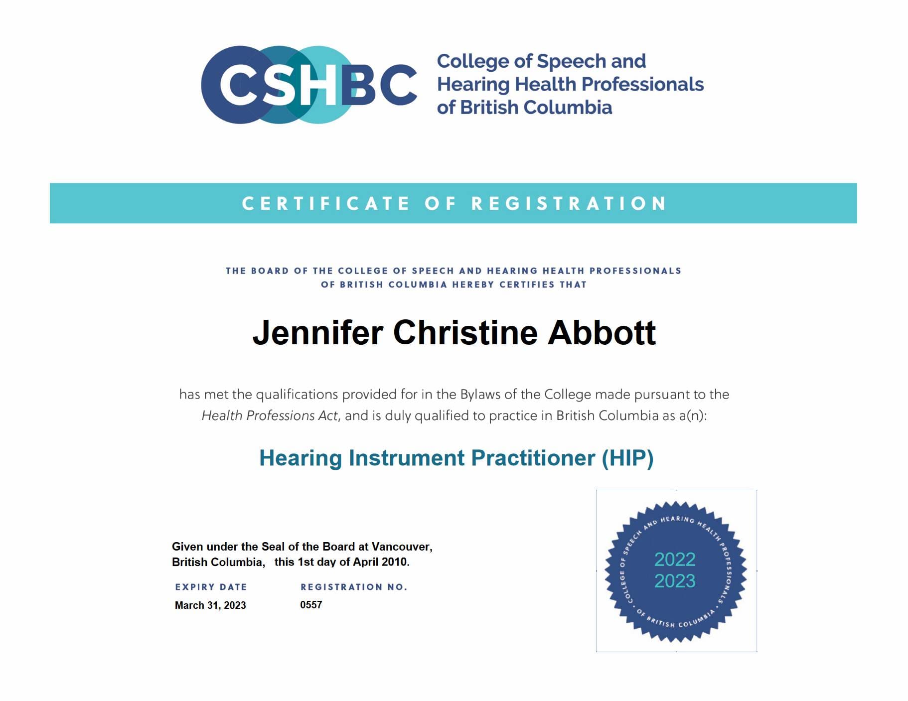 Jennifer Abbott, Certification by College of Speech and Hearing Professionals of BC