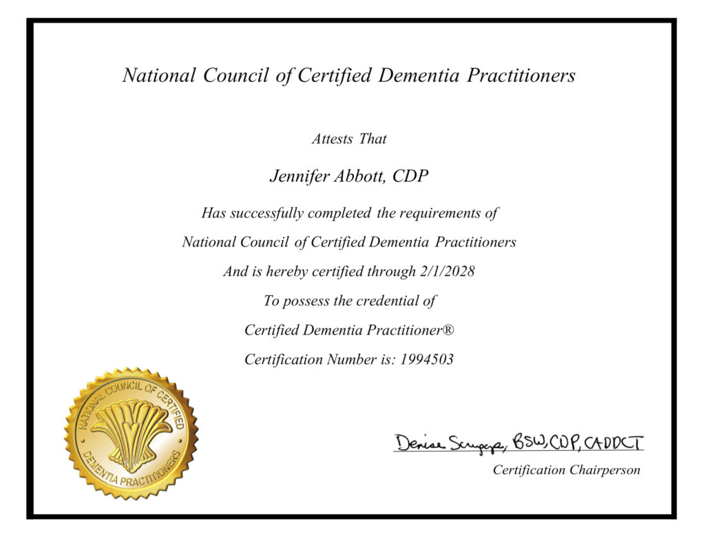 Jennifer Abbott Certified Dementia Practitioner (CDP) Certificate 2028